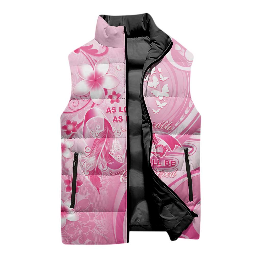 Personalised Memorial Pink Breast Cancer Awareness Sleeveless Puffer Jacket Plumeria Floral Tribal Pattern - Polynesian Pride