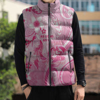 Personalised Memorial Pink Breast Cancer Awareness Sleeveless Puffer Jacket Plumeria Floral Tribal Pattern - Polynesian Pride