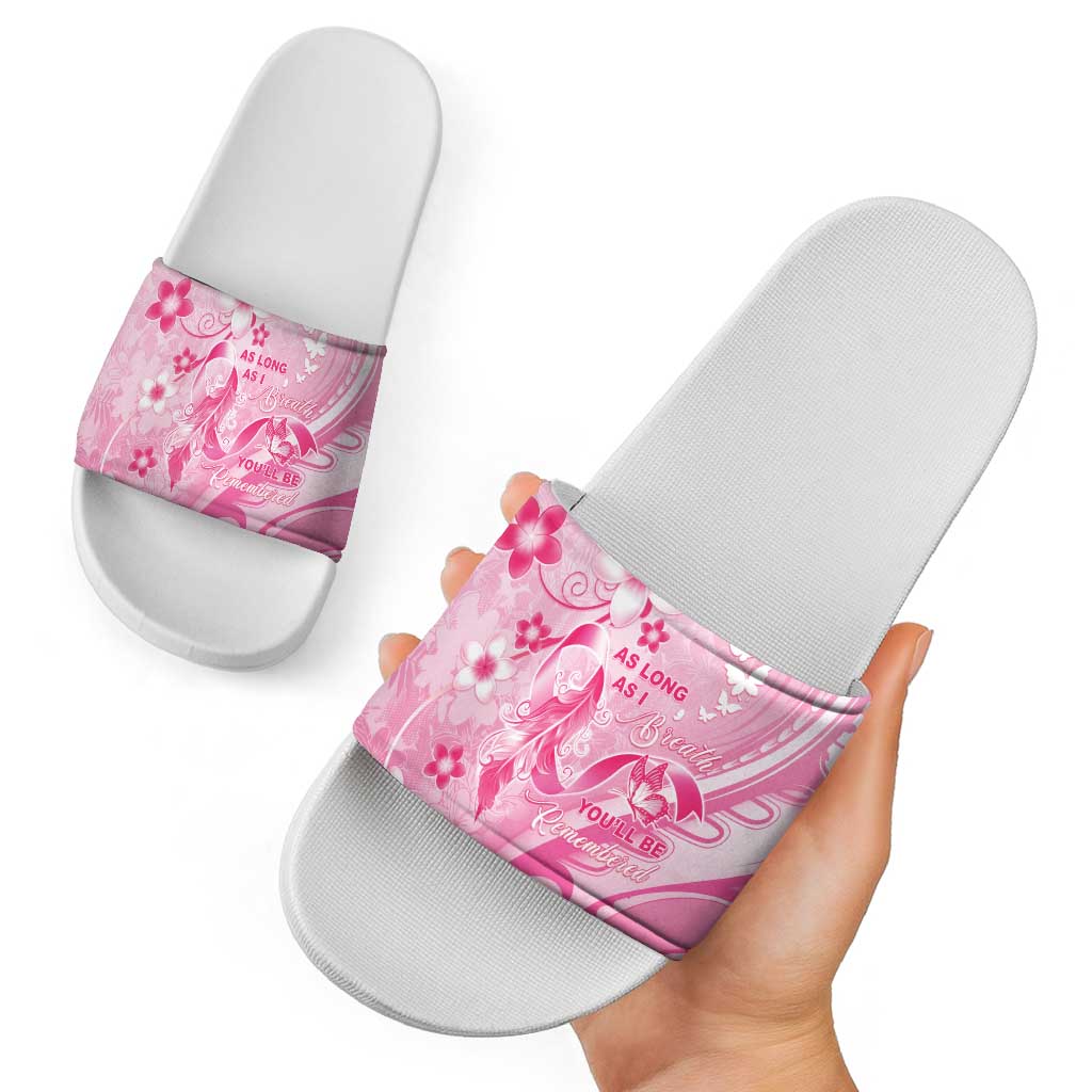 Memorial Pink Breast Cancer Awareness Slide Sandals Plumeria Floral Tribal Pattern - Polynesian Pride