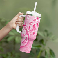 Personalised Memorial Pink Breast Cancer Awareness Tumbler With Handle Plumeria Floral Tribal Pattern - Polynesian Pride