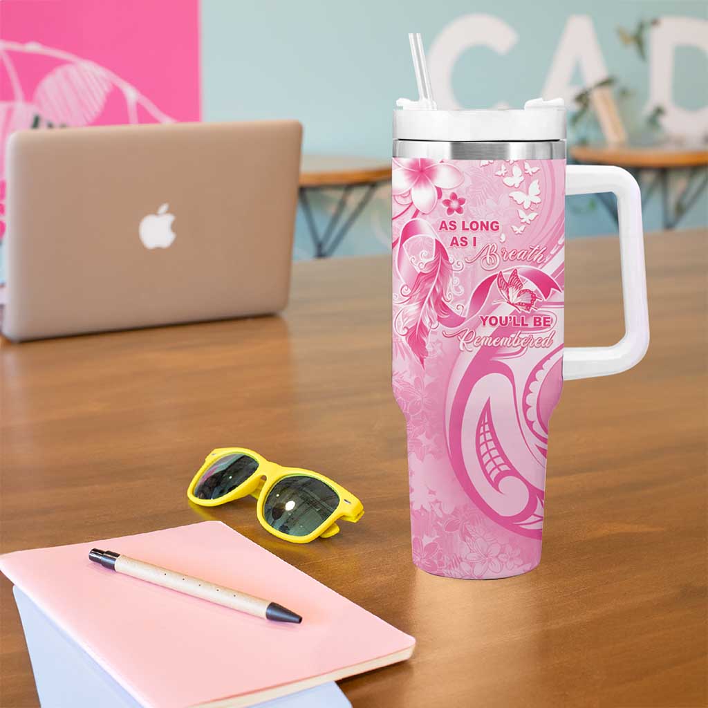 Personalised Memorial Pink Breast Cancer Awareness Tumbler With Handle Plumeria Floral Tribal Pattern - Polynesian Pride