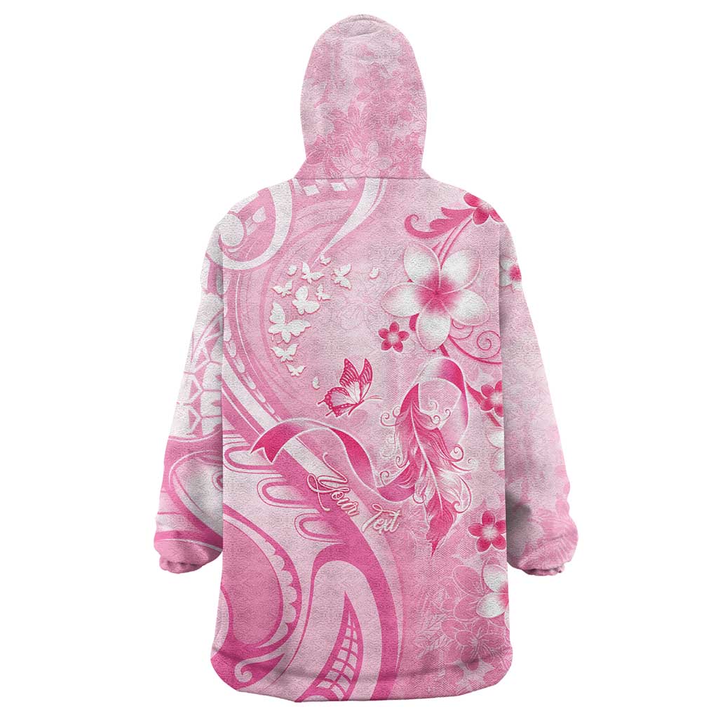 Personalised Memorial Pink Breast Cancer Awareness Wearable Blanket Hoodie Plumeria Floral Tribal Pattern - Polynesian Pride