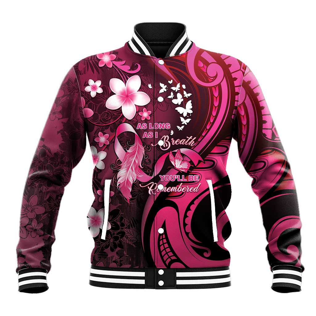 Personalised Memorial Breast Cancer Awareness Baseball Jacket Plumeria Floral Tribal Pattern - Polynesian Pride