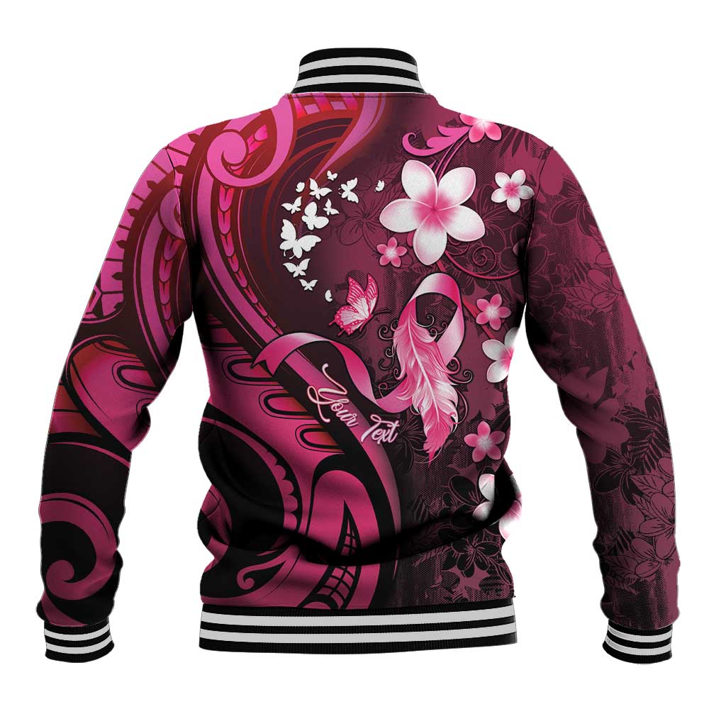 Personalised Memorial Breast Cancer Awareness Baseball Jacket Plumeria Floral Tribal Pattern - Polynesian Pride