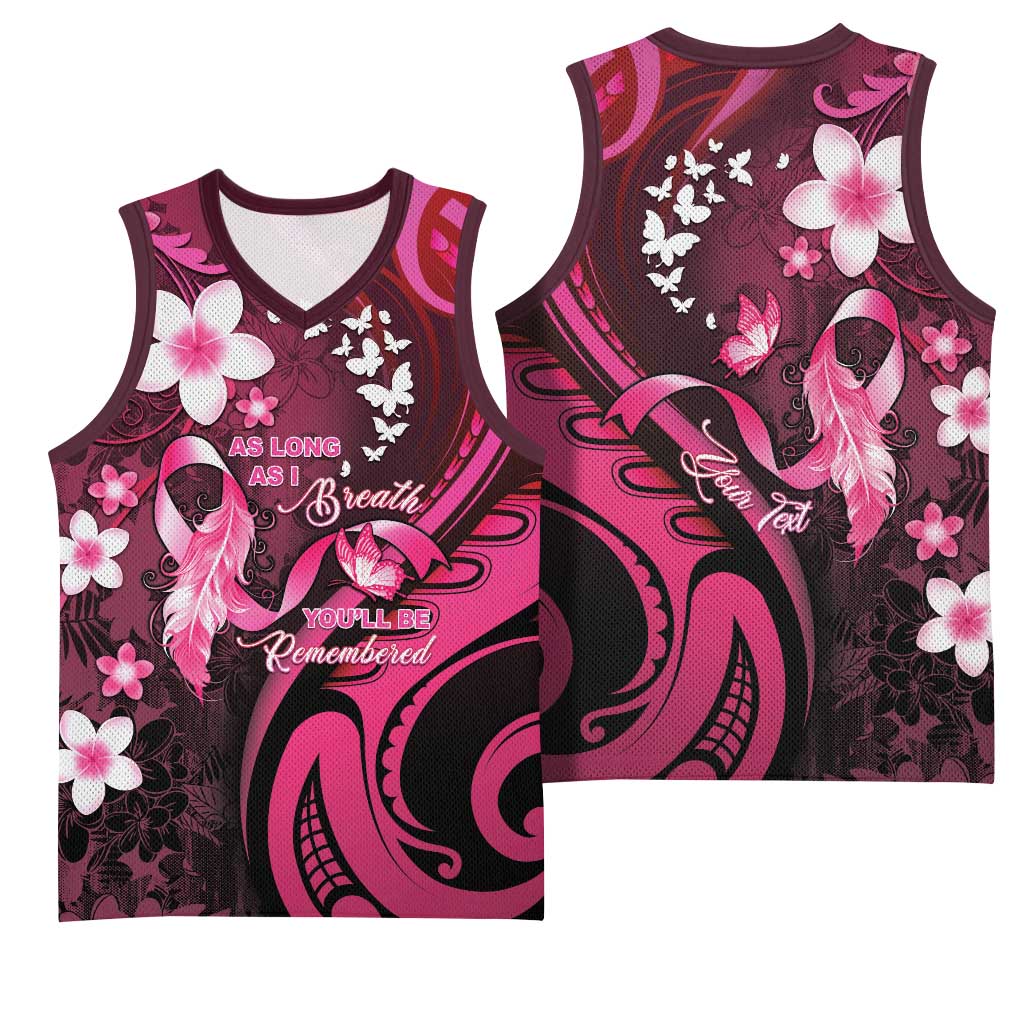 Personalised Memorial Breast Cancer Awareness Basketball Jersey Plumeria Floral Tribal Pattern - Polynesian Pride
