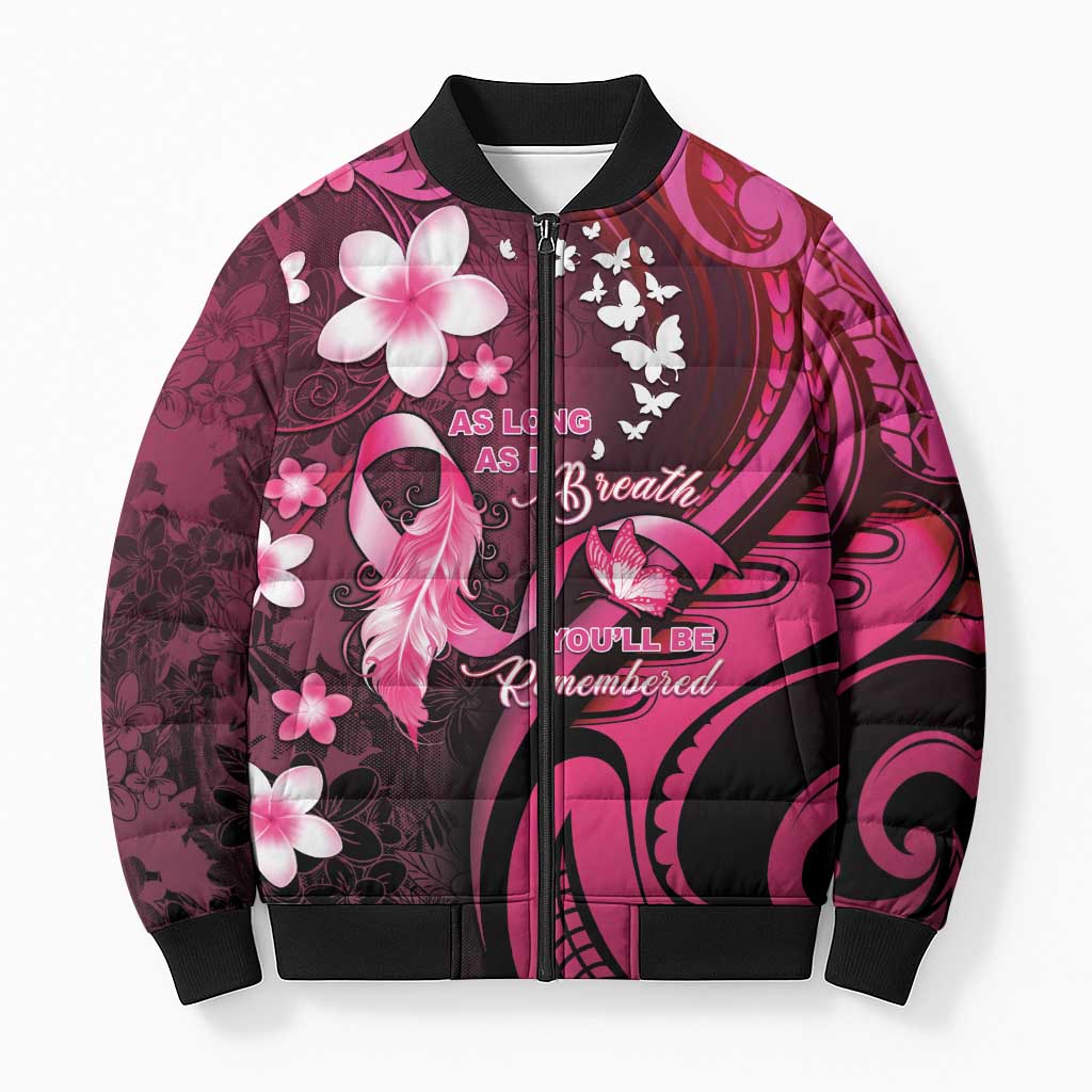 Personalised Memorial Breast Cancer Awareness Bomber Puffer Jacket Plumeria Floral Tribal Pattern - Polynesian Pride
