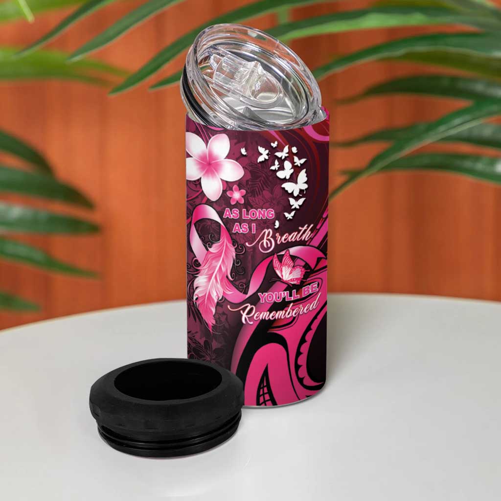 Personalised Memorial Breast Cancer Awareness 4 in 1 Can Cooler Tumbler Plumeria Floral Tribal Pattern - Polynesian Pride