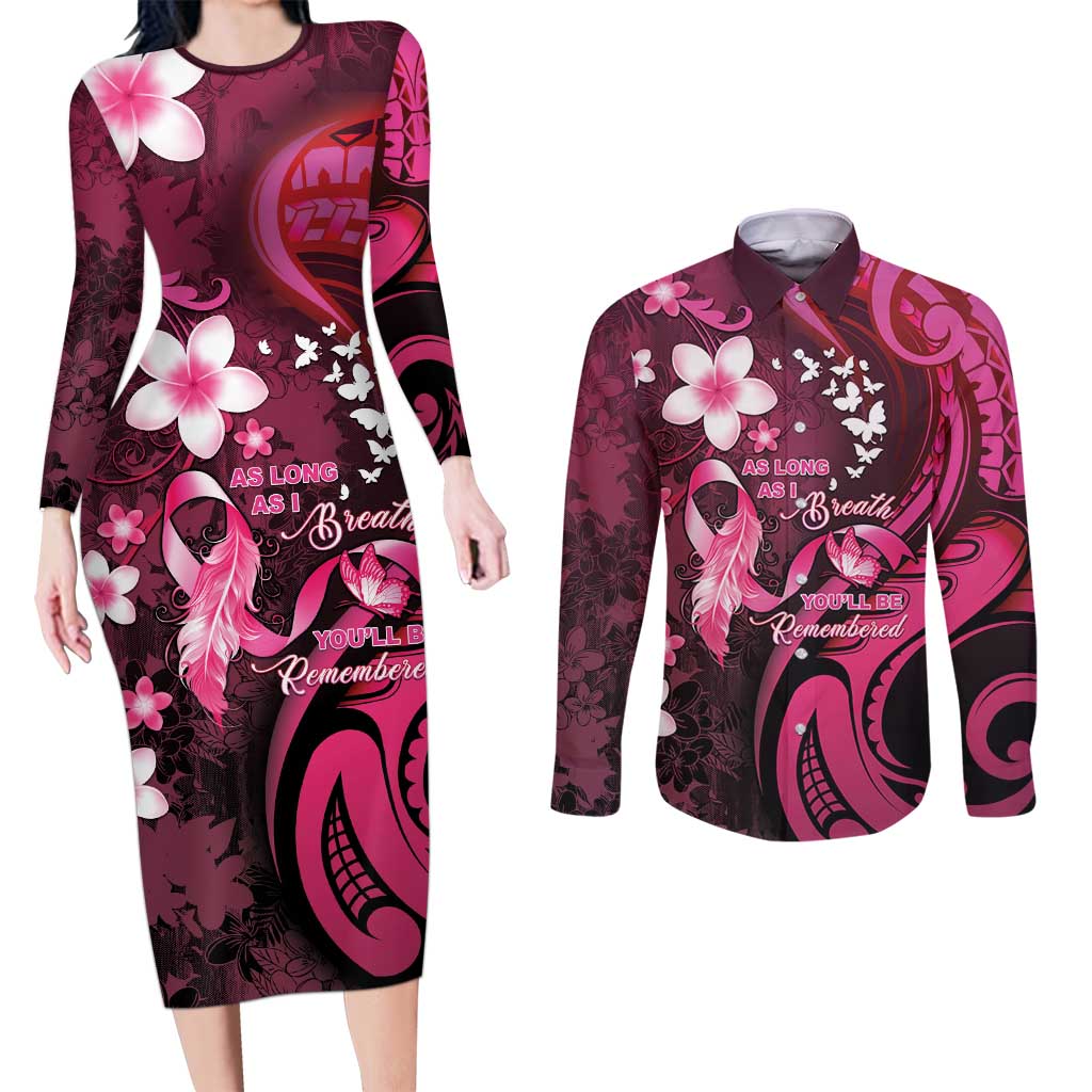 Personalised Memorial Breast Cancer Awareness Couples Matching Long Sleeve Bodycon Dress and Long Sleeve Button Shirt Plumeria Floral Tribal Pattern - Polynesian Pride