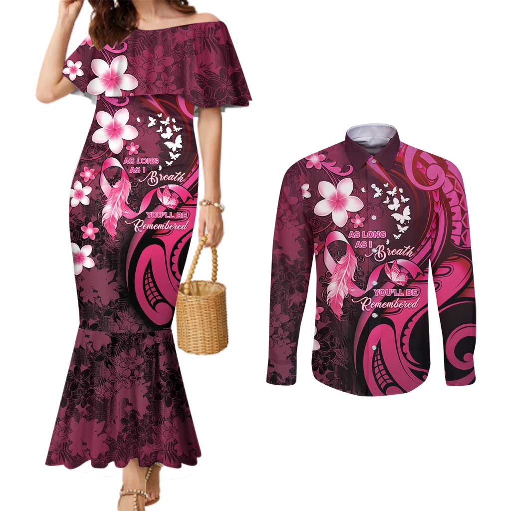 Personalised Memorial Breast Cancer Awareness Couples Matching Mermaid Dress and Long Sleeve Button Shirt Plumeria Floral Tribal Pattern - Polynesian Pride