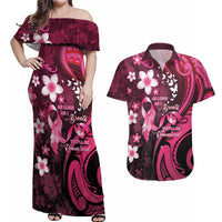 Personalised Memorial Breast Cancer Awareness Couples Matching Off Shoulder Maxi Dress and Hawaiian Shirt Plumeria Floral Tribal Pattern - Polynesian Pride