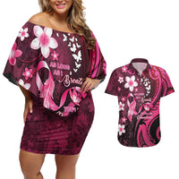 Personalised Memorial Breast Cancer Awareness Couples Matching Off Shoulder Short Dress and Hawaiian Shirt Plumeria Floral Tribal Pattern - Polynesian Pride