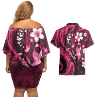Personalised Memorial Breast Cancer Awareness Couples Matching Off Shoulder Short Dress and Hawaiian Shirt Plumeria Floral Tribal Pattern - Polynesian Pride