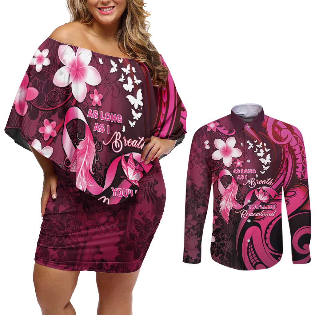 Personalised Memorial Breast Cancer Awareness Couples Matching Off Shoulder Short Dress and Long Sleeve Button Shirt Plumeria Floral Tribal Pattern - Polynesian Pride