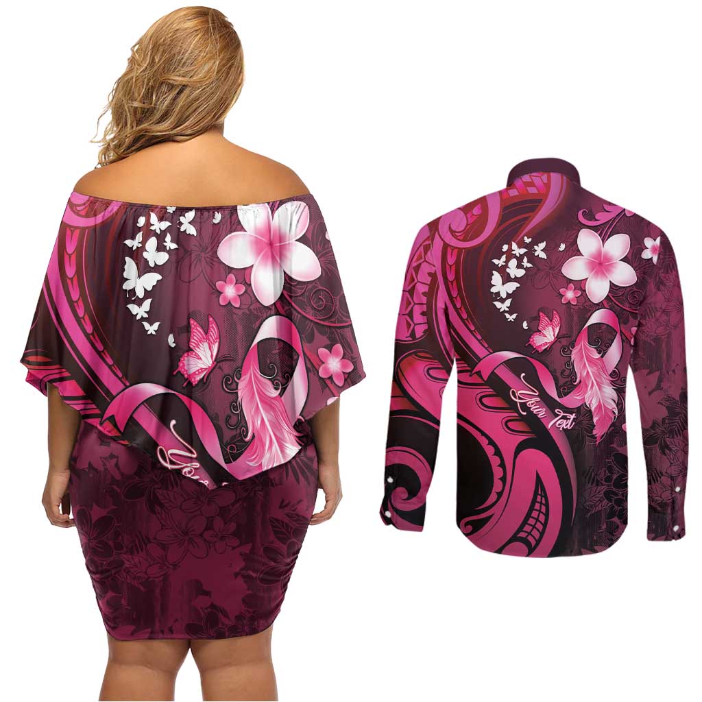 Personalised Memorial Breast Cancer Awareness Couples Matching Off Shoulder Short Dress and Long Sleeve Button Shirt Plumeria Floral Tribal Pattern - Polynesian Pride