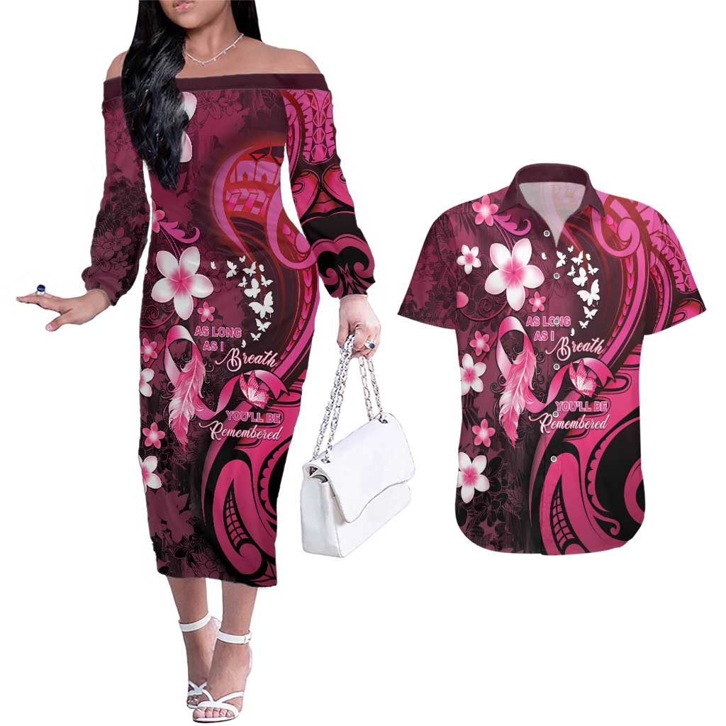 Personalised Memorial Breast Cancer Awareness Couples Matching Off The Shoulder Long Sleeve Dress and Hawaiian Shirt Plumeria Floral Tribal Pattern - Polynesian Pride