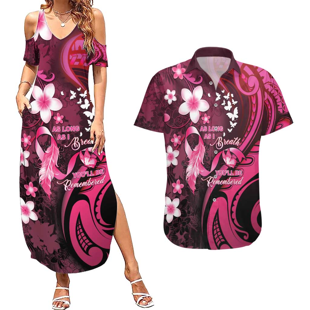 Personalised Memorial Breast Cancer Awareness Couples Matching Summer Maxi Dress and Hawaiian Shirt Plumeria Floral Tribal Pattern - Polynesian Pride