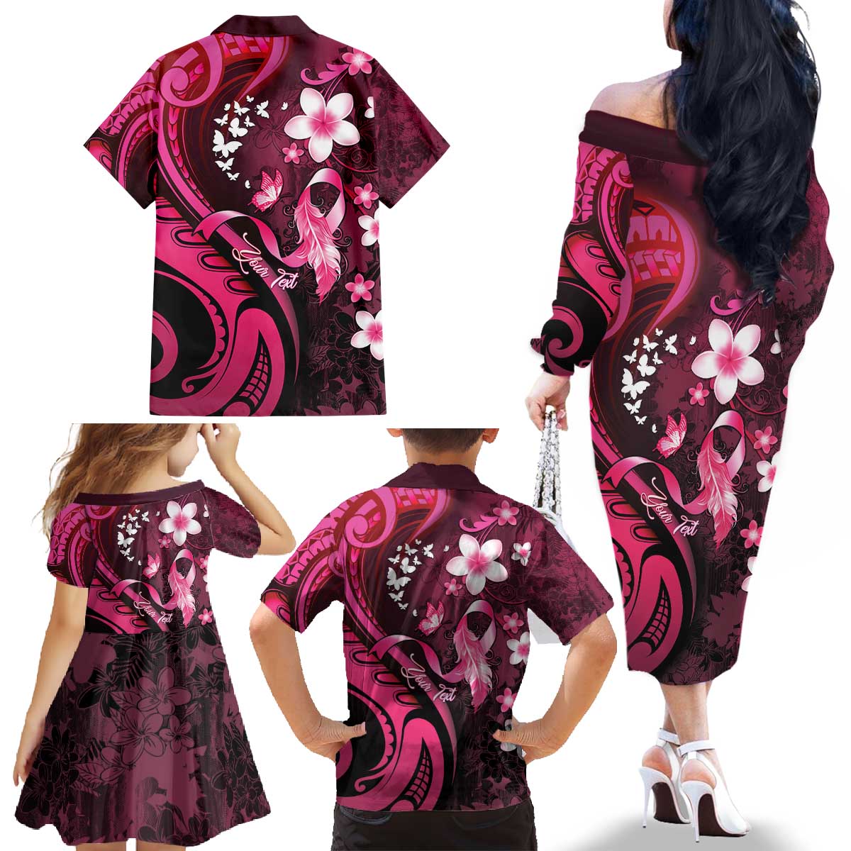 Personalised Memorial Breast Cancer Awareness Family Matching Off The Shoulder Long Sleeve Dress and Hawaiian Shirt Plumeria Floral Tribal Pattern - Polynesian Pride