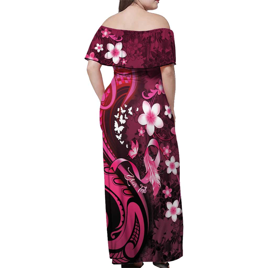 Personalised Memorial Breast Cancer Awareness Family Matching Off Shoulder Maxi Dress and Hawaiian Shirt Plumeria Floral Tribal Pattern - Polynesian Pride