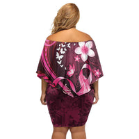 Personalised Memorial Breast Cancer Awareness Family Matching Off Shoulder Short Dress and Hawaiian Shirt Plumeria Floral Tribal Pattern - Polynesian Pride