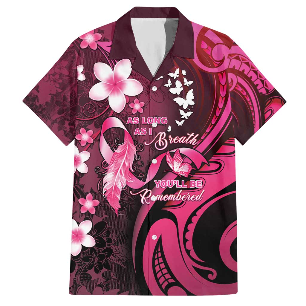 Personalised Memorial Breast Cancer Awareness Hawaiian Shirt Plumeria Floral Tribal Pattern - Polynesian Pride