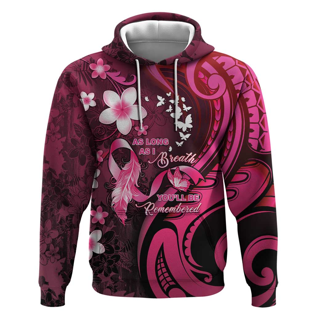 Personalised Memorial Breast Cancer Awareness Hoodie Plumeria Floral Tribal Pattern - Polynesian Pride
