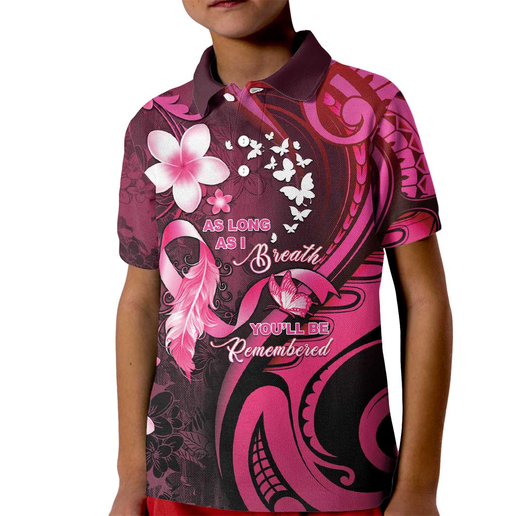 Personalised Memorial Breast Cancer Awareness Kid Polo Shirt Plumeria Floral Tribal Pattern - Polynesian Pride