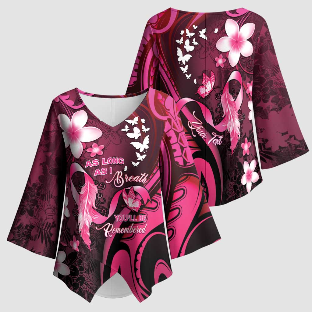 Personalised Memorial Breast Cancer Awareness Kimono Sleeve Blouse Plumeria Floral Tribal Pattern - Polynesian Pride