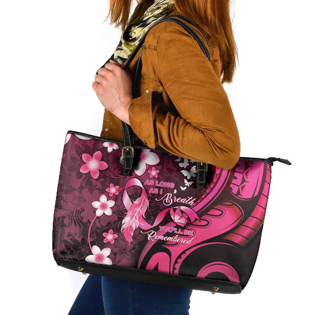 Memorial Breast Cancer Awareness Leather Tote Bag Plumeria Floral Tribal Pattern - Polynesian Pride