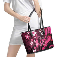 Memorial Breast Cancer Awareness Leather Tote Bag Plumeria Floral Tribal Pattern - Polynesian Pride