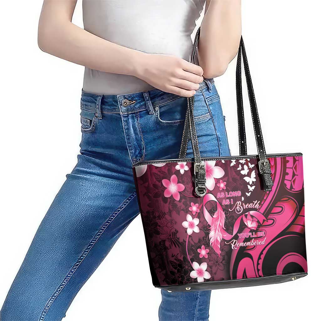 Memorial Breast Cancer Awareness Leather Tote Bag Plumeria Floral Tribal Pattern - Polynesian Pride