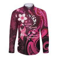 Personalised Memorial Breast Cancer Awareness Long Sleeve Button Shirt Plumeria Floral Tribal Pattern - Polynesian Pride