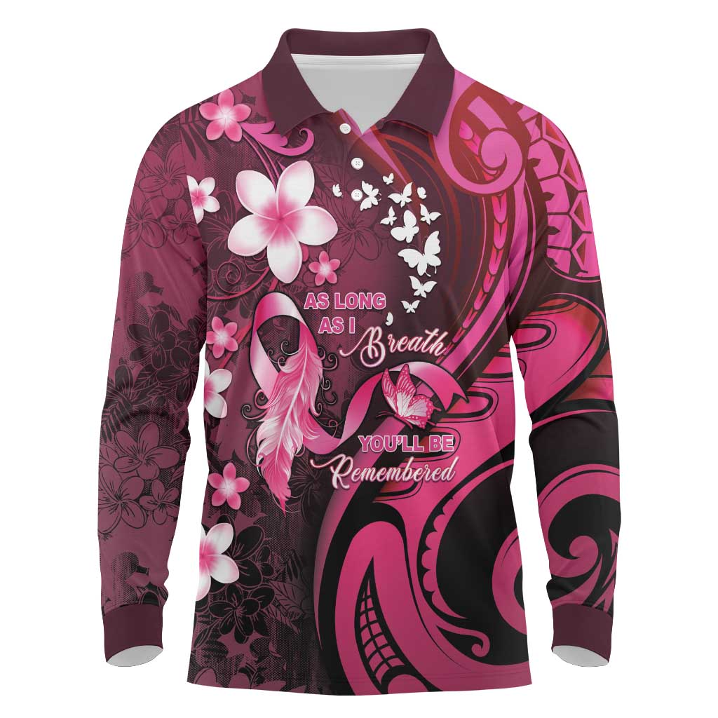 Personalised Memorial Breast Cancer Awareness Long Sleeve Polo Shirt Plumeria Floral Tribal Pattern - Polynesian Pride