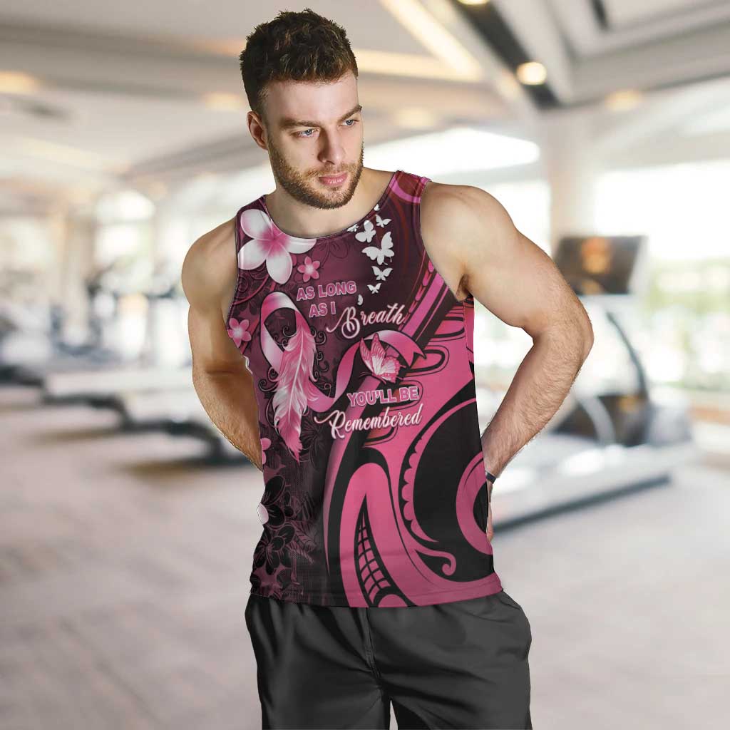 Personalised Memorial Breast Cancer Awareness Men Tank Top Plumeria Floral Tribal Pattern - Polynesian Pride