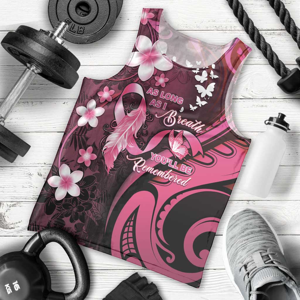 Personalised Memorial Breast Cancer Awareness Men Tank Top Plumeria Floral Tribal Pattern - Polynesian Pride