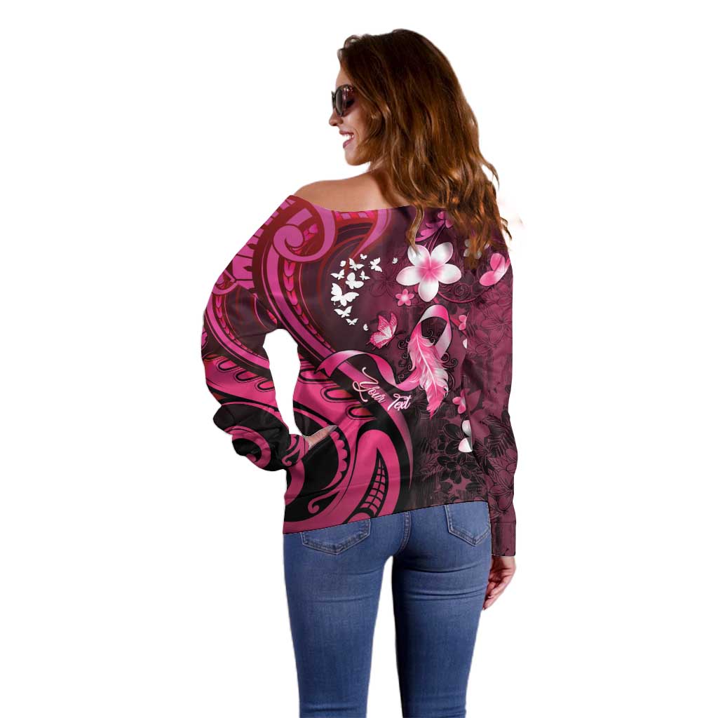 Personalised Memorial Breast Cancer Awareness Off Shoulder Sweater Plumeria Floral Tribal Pattern - Polynesian Pride