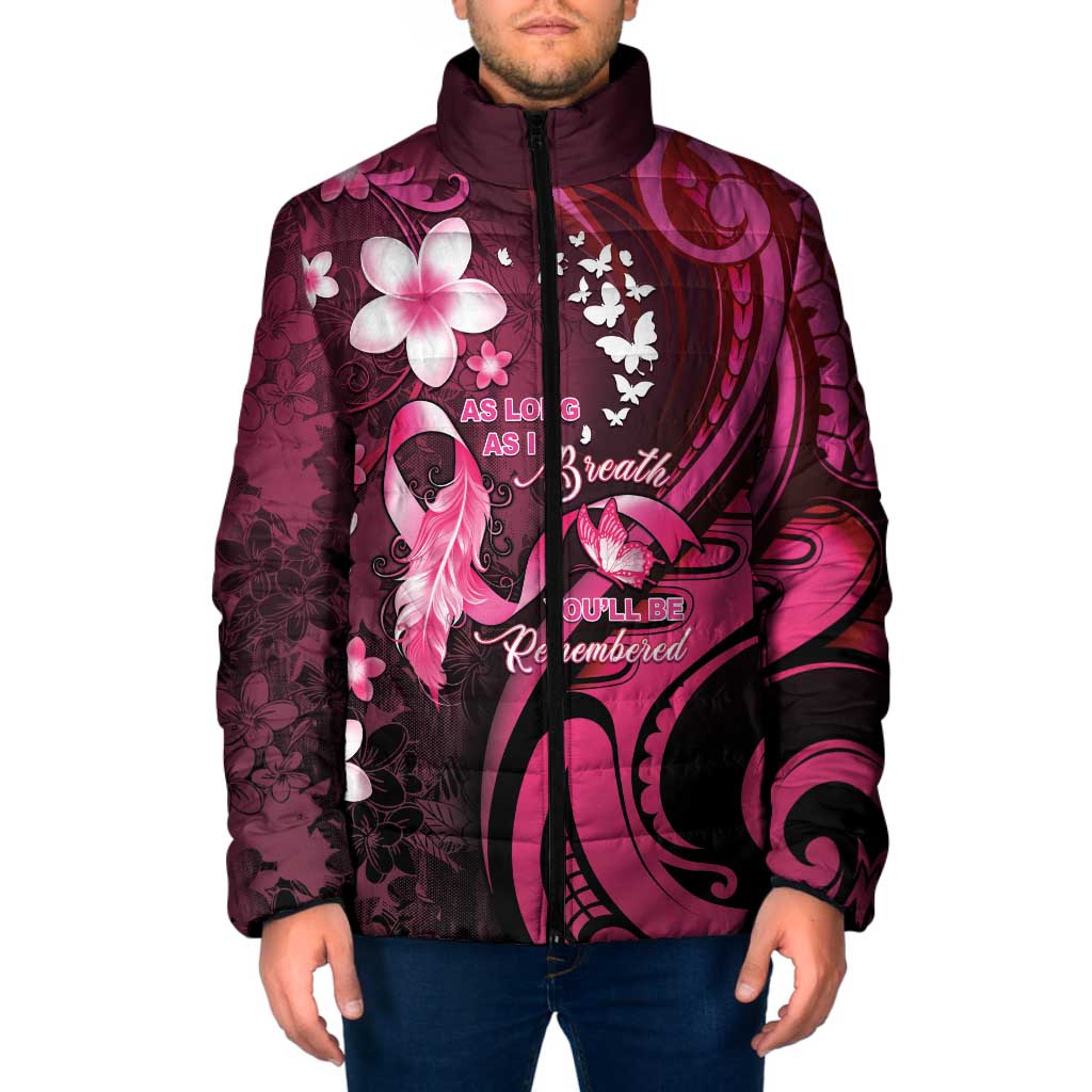 Personalised Memorial Breast Cancer Awareness Padded Jacket Plumeria Floral Tribal Pattern - Polynesian Pride