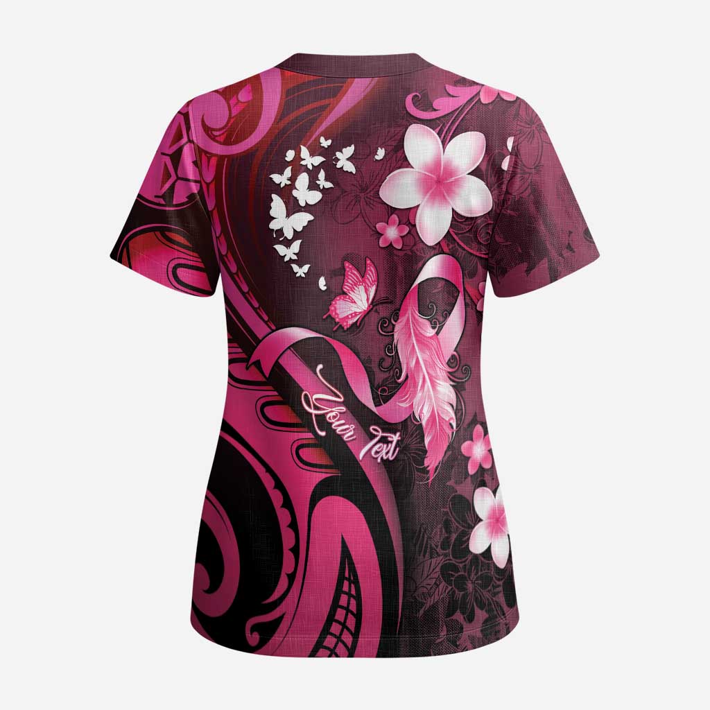 Personalised Memorial Breast Cancer Awareness Scrub Top Plumeria Floral Tribal Pattern - Polynesian Pride