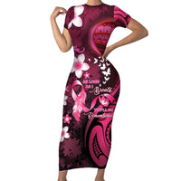 Personalised Memorial Breast Cancer Awareness Short Sleeve Bodycon Dress Plumeria Floral Tribal Pattern - Polynesian Pride