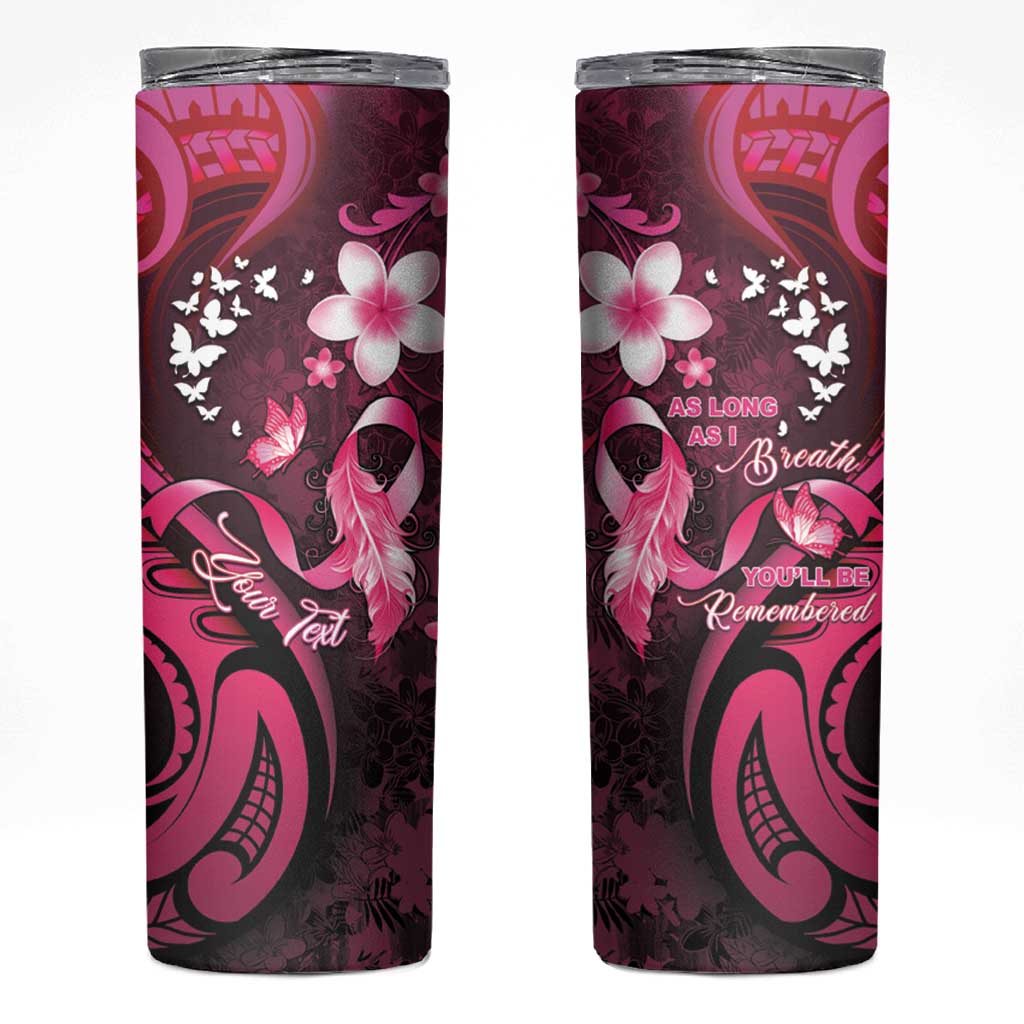 Personalised Memorial Breast Cancer Awareness Skinny Tumbler Plumeria Floral Tribal Pattern - Polynesian Pride