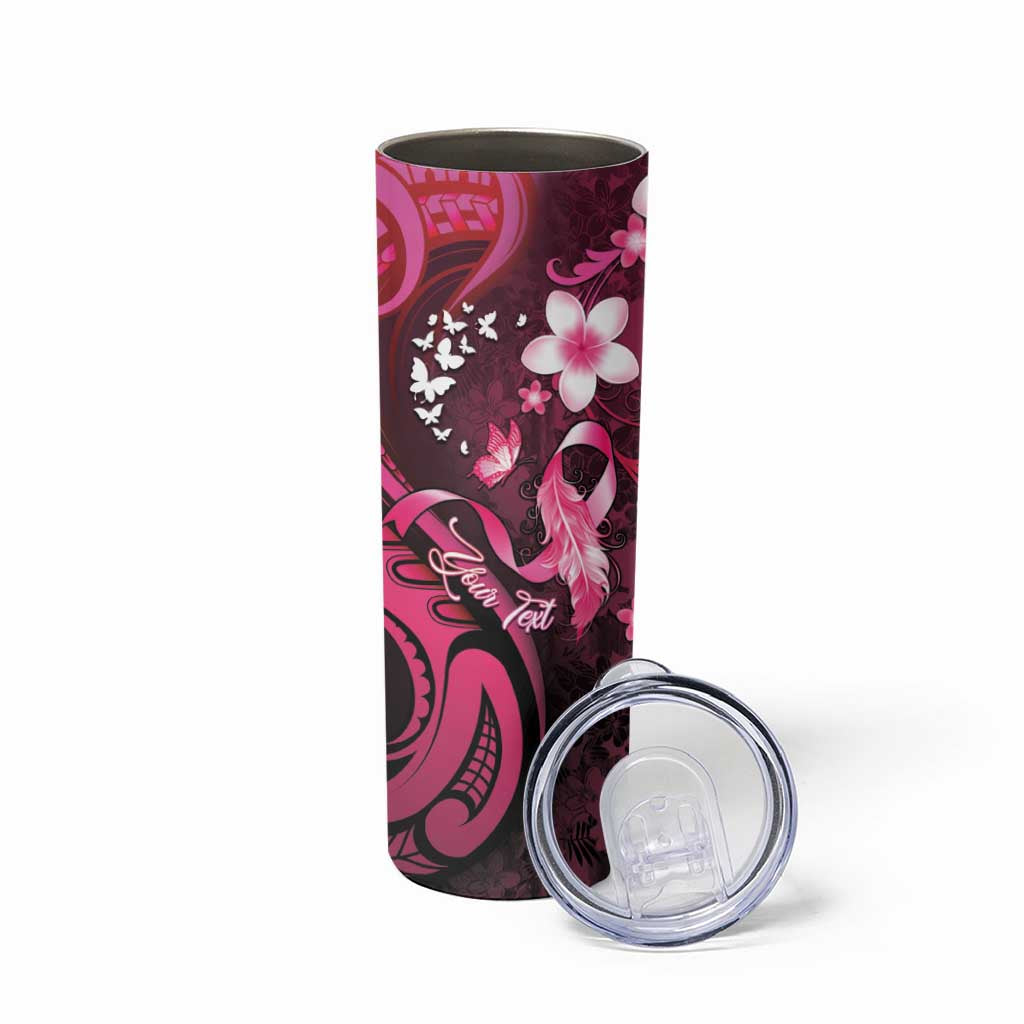 Personalised Memorial Breast Cancer Awareness Skinny Tumbler Plumeria Floral Tribal Pattern - Polynesian Pride