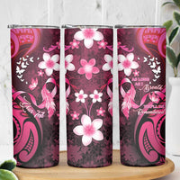 Personalised Memorial Breast Cancer Awareness Skinny Tumbler Plumeria Floral Tribal Pattern - Polynesian Pride