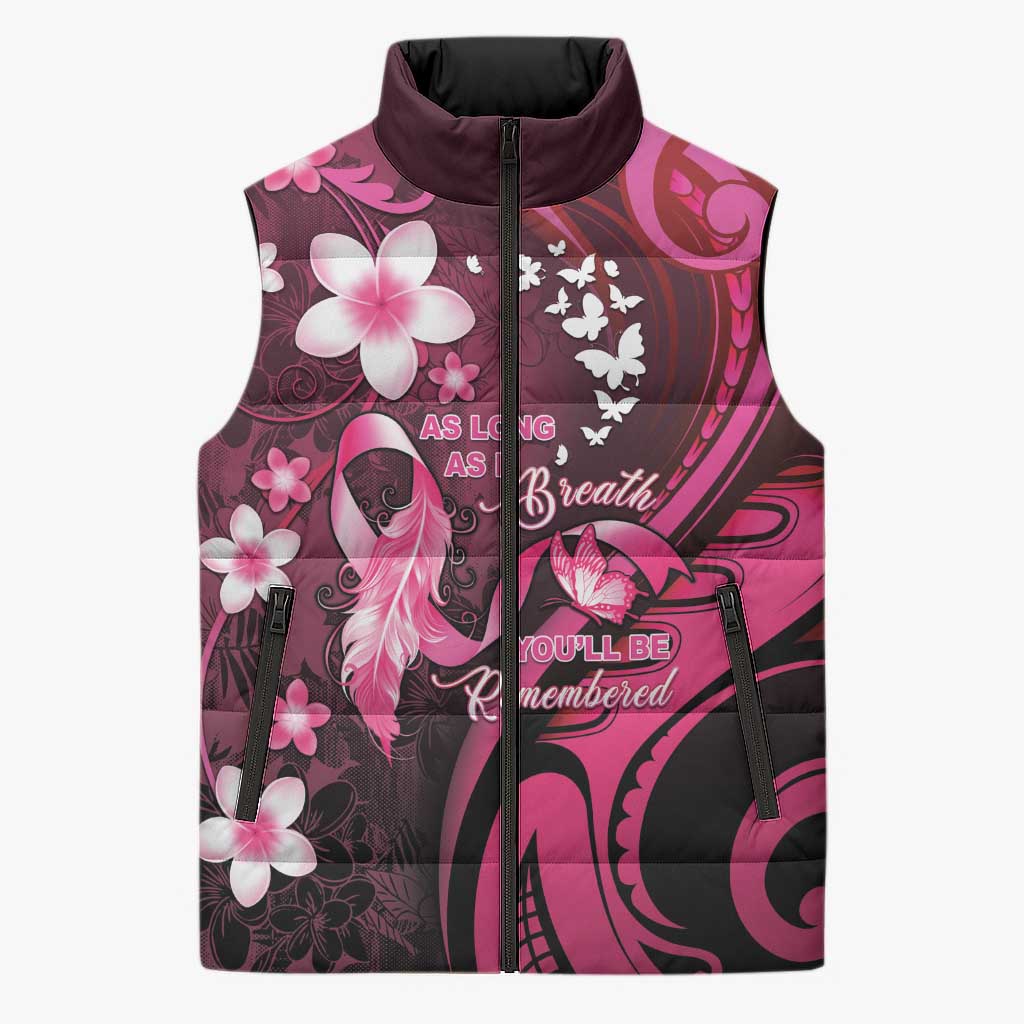 Personalised Memorial Breast Cancer Awareness Sleeveless Puffer Jacket Plumeria Floral Tribal Pattern - Polynesian Pride