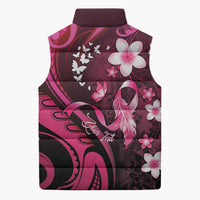 Personalised Memorial Breast Cancer Awareness Sleeveless Puffer Jacket Plumeria Floral Tribal Pattern - Polynesian Pride