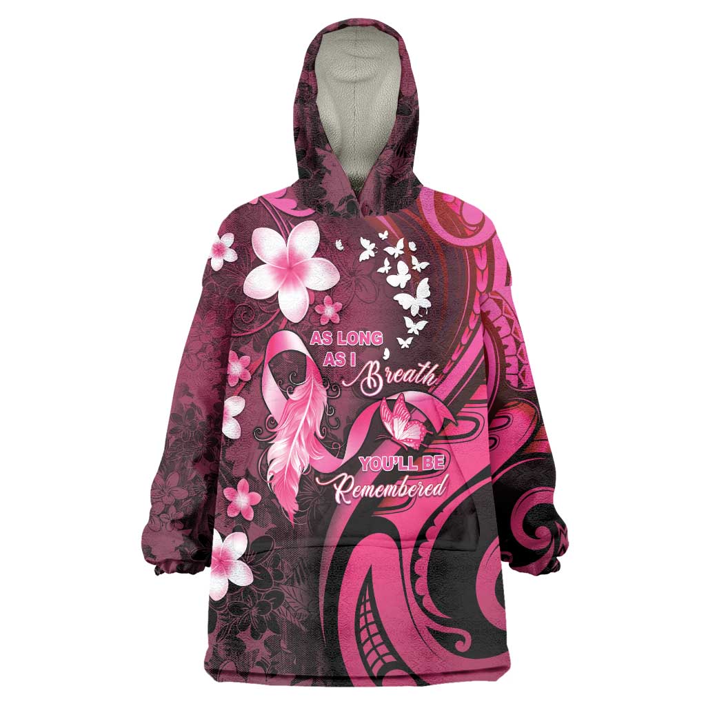 Personalised Memorial Breast Cancer Awareness Wearable Blanket Hoodie Plumeria Floral Tribal Pattern - Polynesian Pride
