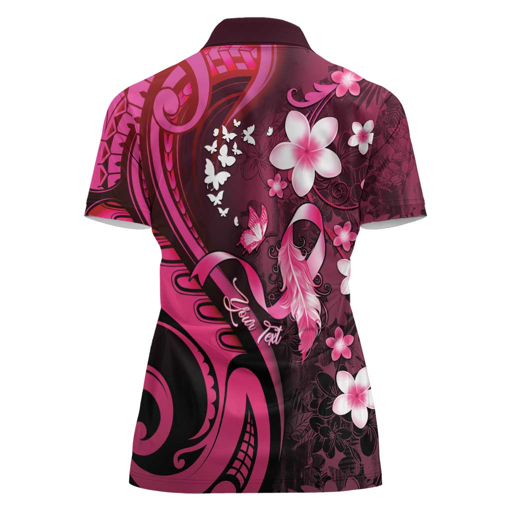Personalised Memorial Breast Cancer Awareness Women Polo Shirt Plumeria Floral Tribal Pattern - Polynesian Pride