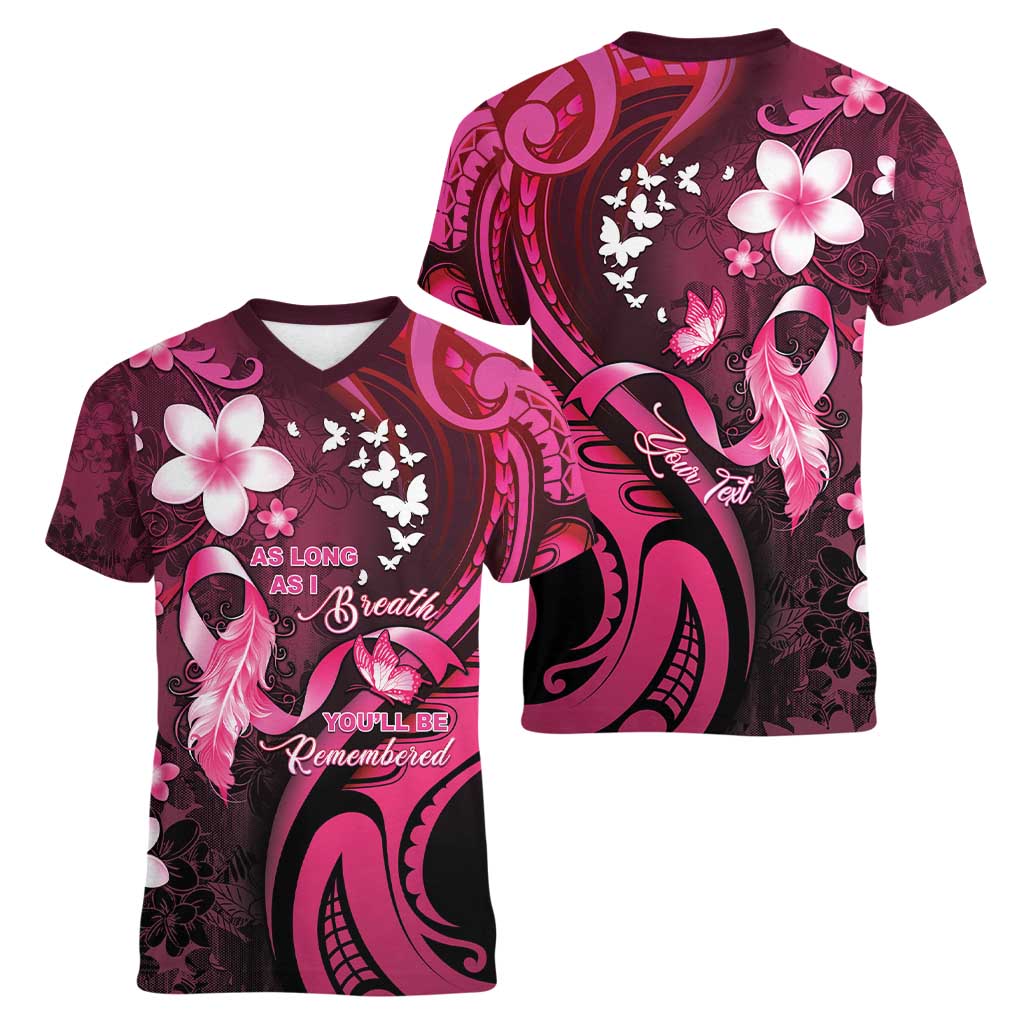 Personalised Memorial Breast Cancer Awareness Women V-Neck T-Shirt Plumeria Floral Tribal Pattern - Polynesian Pride