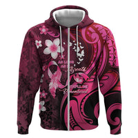 Personalised Memorial Breast Cancer Awareness Zip Hoodie Plumeria Floral Tribal Pattern - Polynesian Pride