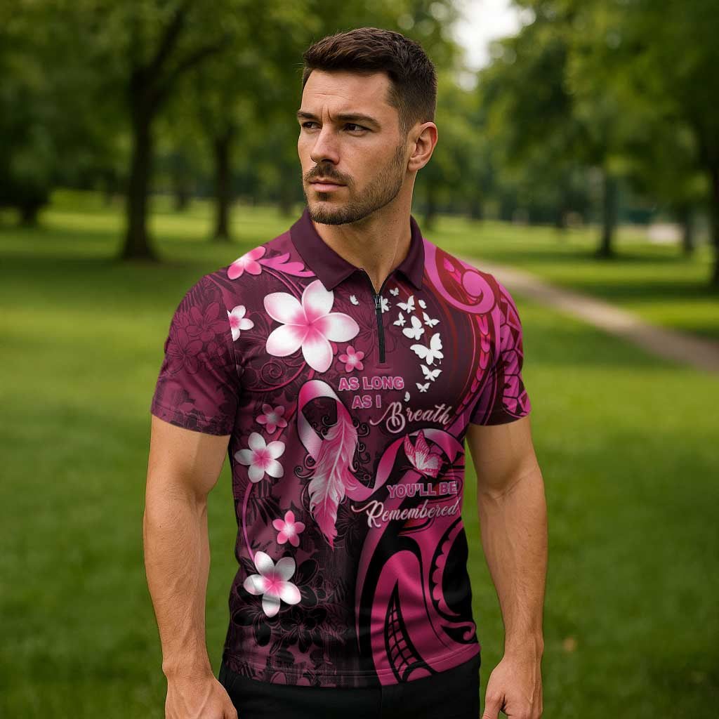 Personalised Memorial Breast Cancer Awareness Zipper Polo Shirt Plumeria Floral Tribal Pattern - Polynesian Pride