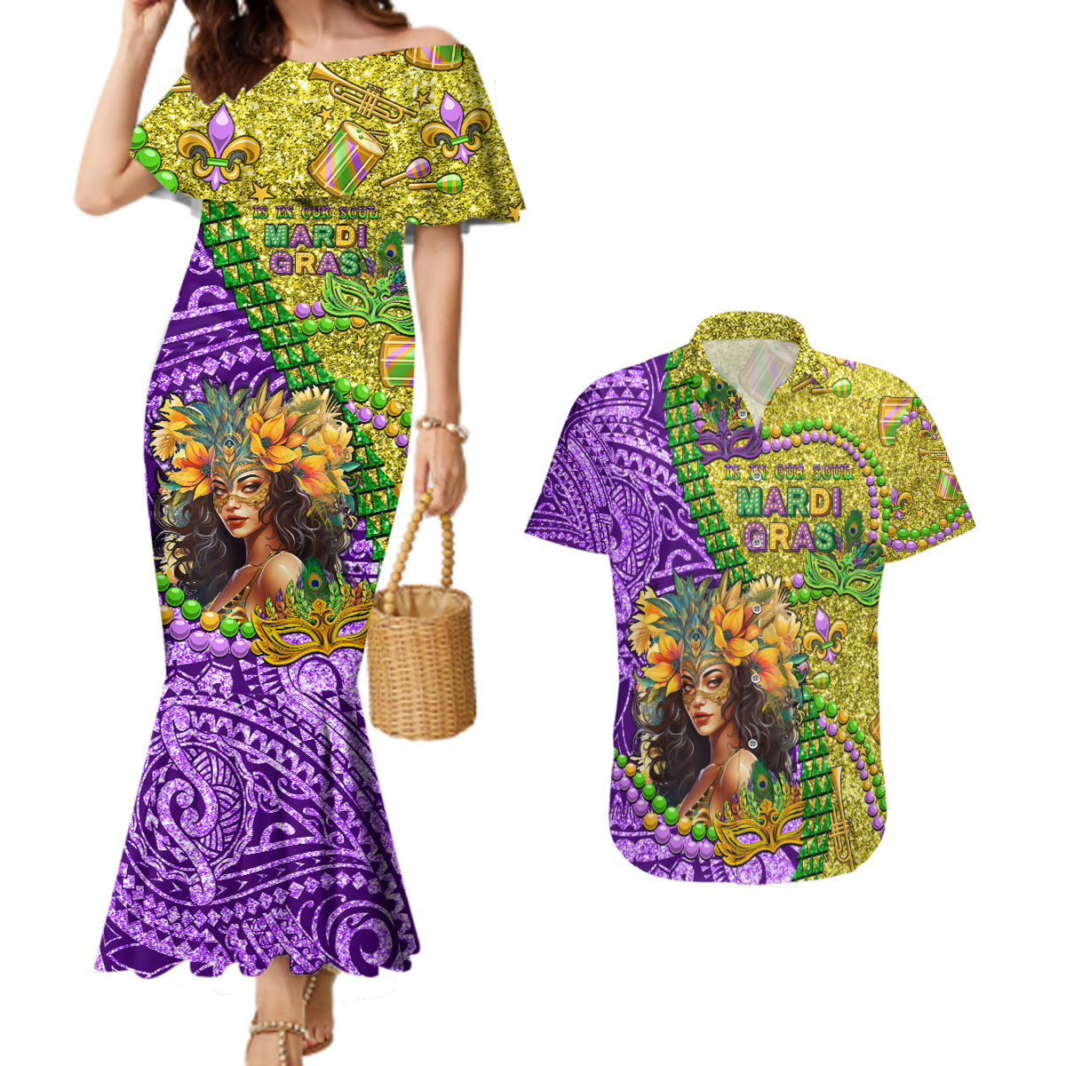 Personalised Hawaii Mardi Gras Couples Matching Mermaid Dress and Hawaiian Shirt Polynesian Pattern With Glitter Style LT05 Yellow - Polynesian Pride