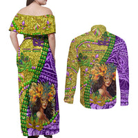 Personalised Hawaii Mardi Gras Couples Matching Off Shoulder Maxi Dress and Long Sleeve Button Shirt Polynesian Pattern With Glitter Style LT05 - Polynesian Pride